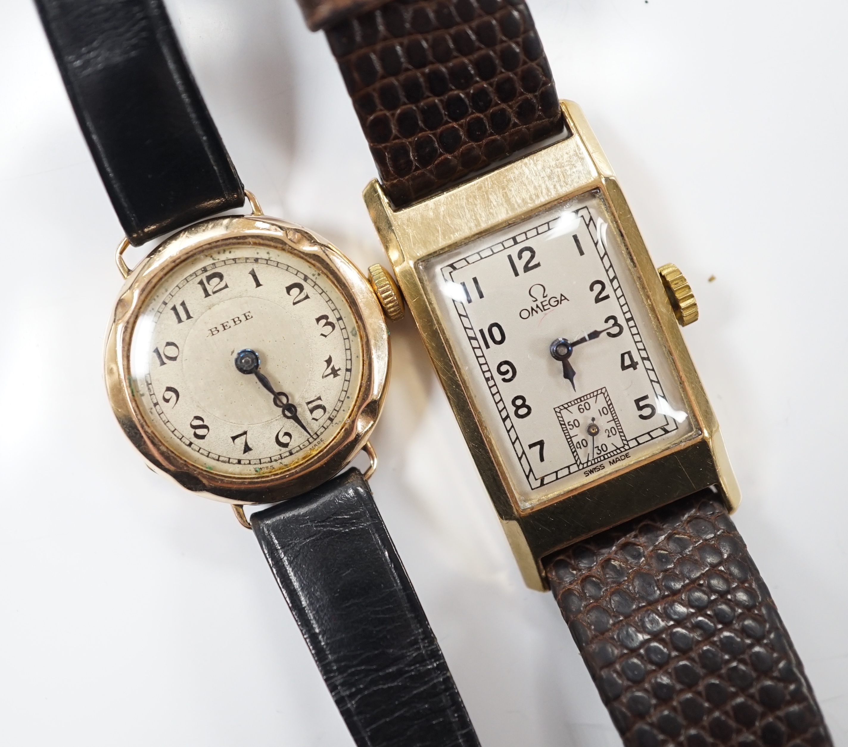 A lady's 1930's 9ct gold Omega manual wind wrist watch, on a later leather strap and a lady's 9ct gold Bebe wrist watch.